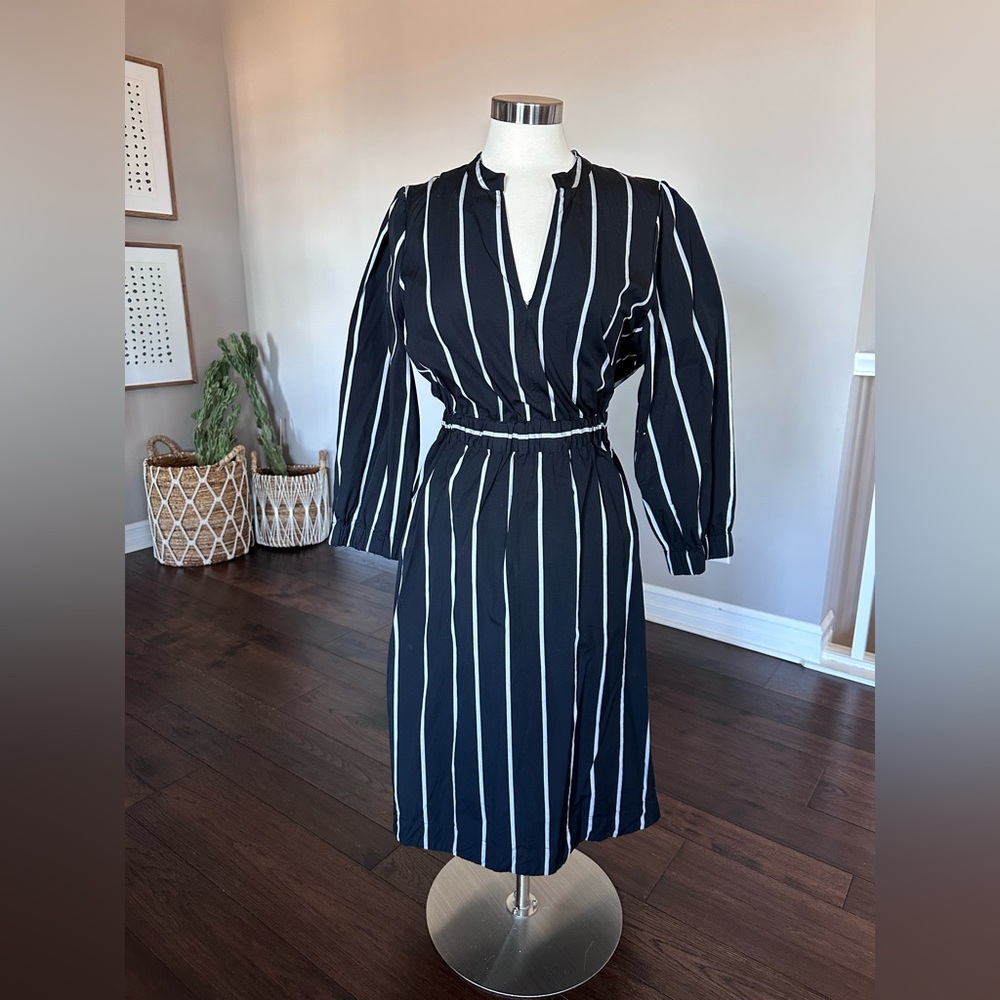 J. Crew Cinched-Waist Cotton Poplin Midi Dress Black & Ivory Stripe LG Worn 1x - Picture 2 of 13